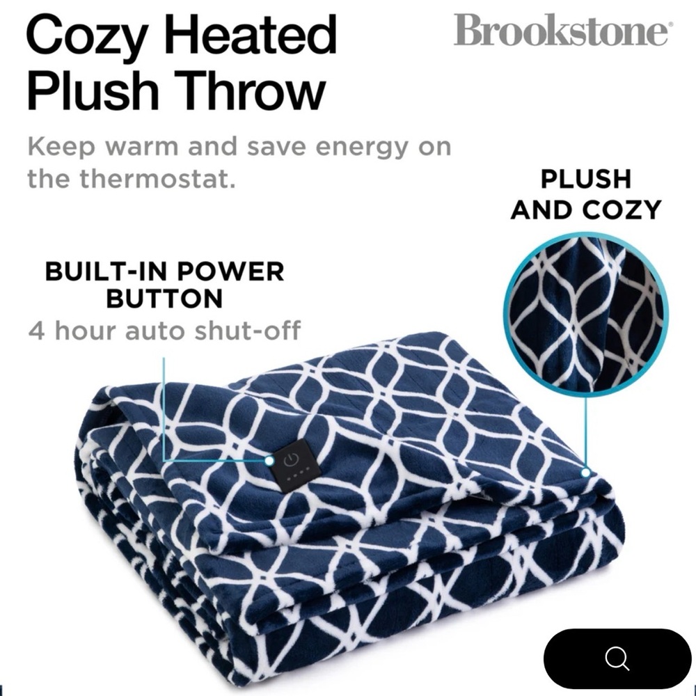 Set of 2 Brookstone Navy & White Plush Heated Throw with blue trellis Pattern